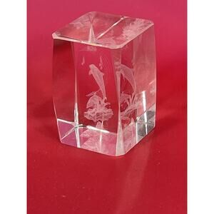 3D Laser‎ Etched Glass Crystal Cube ALOHA Dolphins Paperweight Hawaii Souvenir